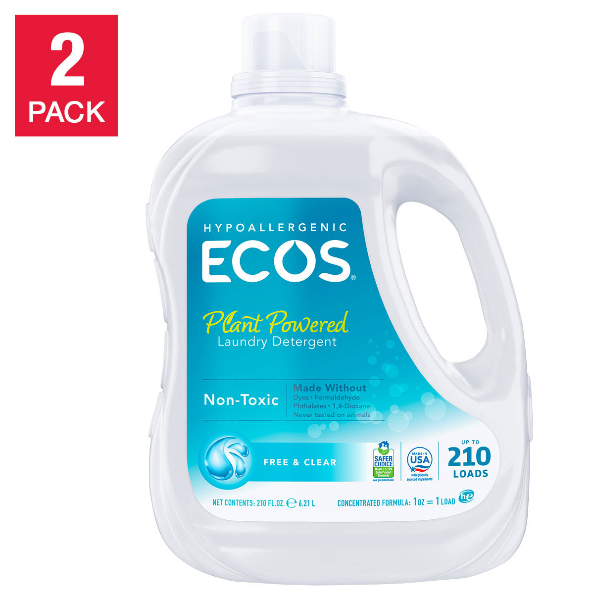 ECOS Liquid Laundry Detergent, Free & Clear, 210 Loads, 210 fl oz, 2-count