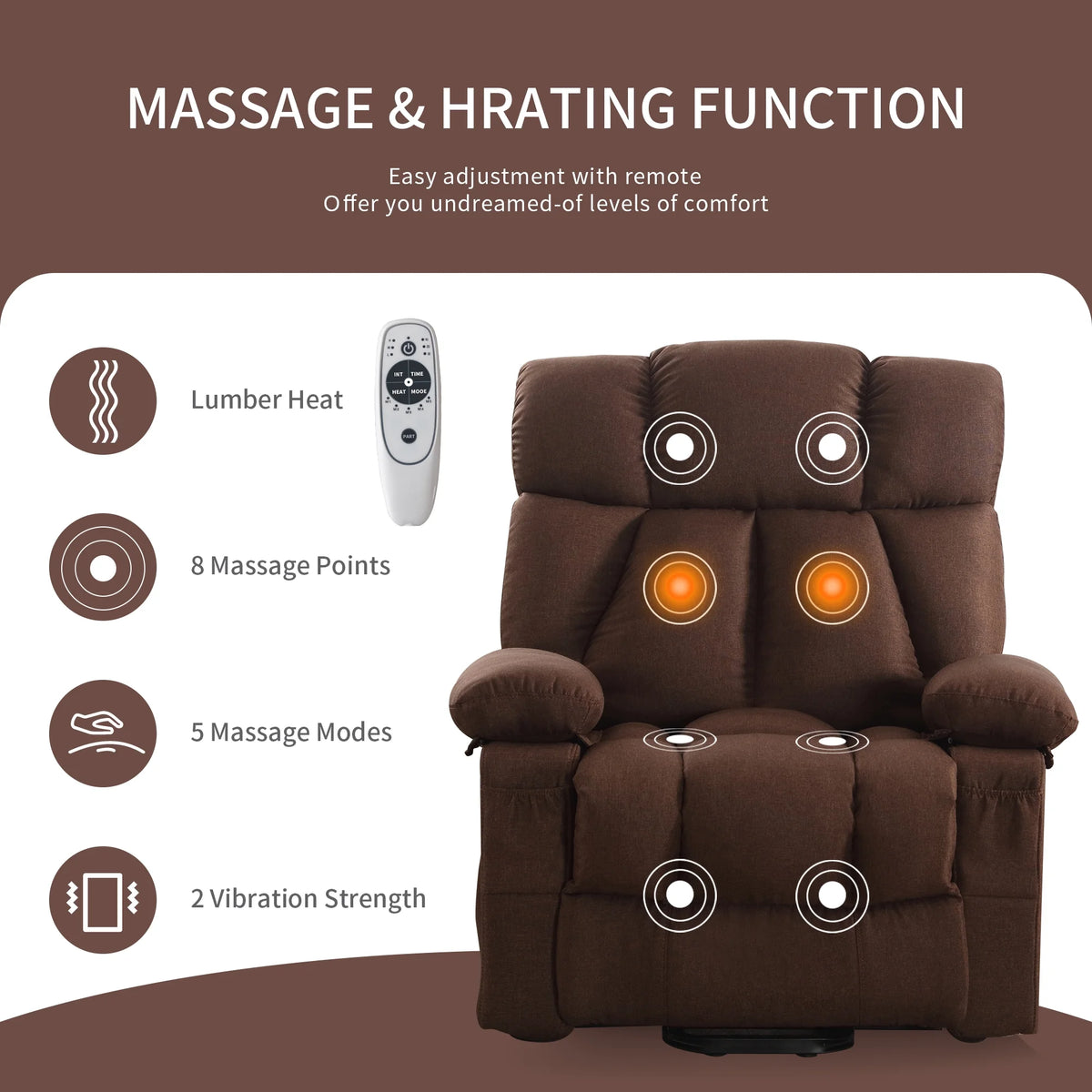 JONPONY Power Lift Recliner Chair Recliners for Elderly with Heat and Massage Recliner Chair for Living Room with Infinite Position and Side Pocket,USB Charge Port,Brown