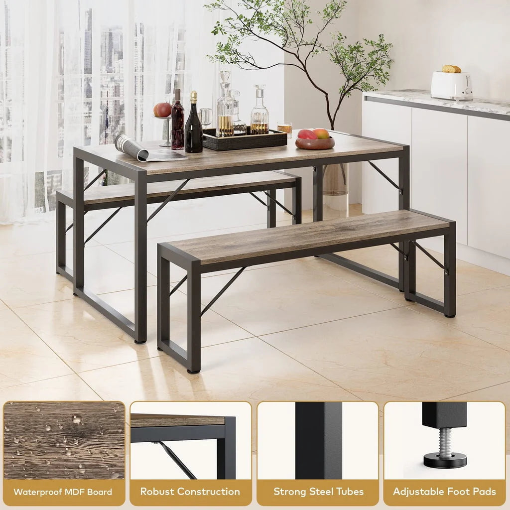 Aiho 45.5" Dining Table Set for 4 with 2 Benches for Kitchen, Dining Room - Gray