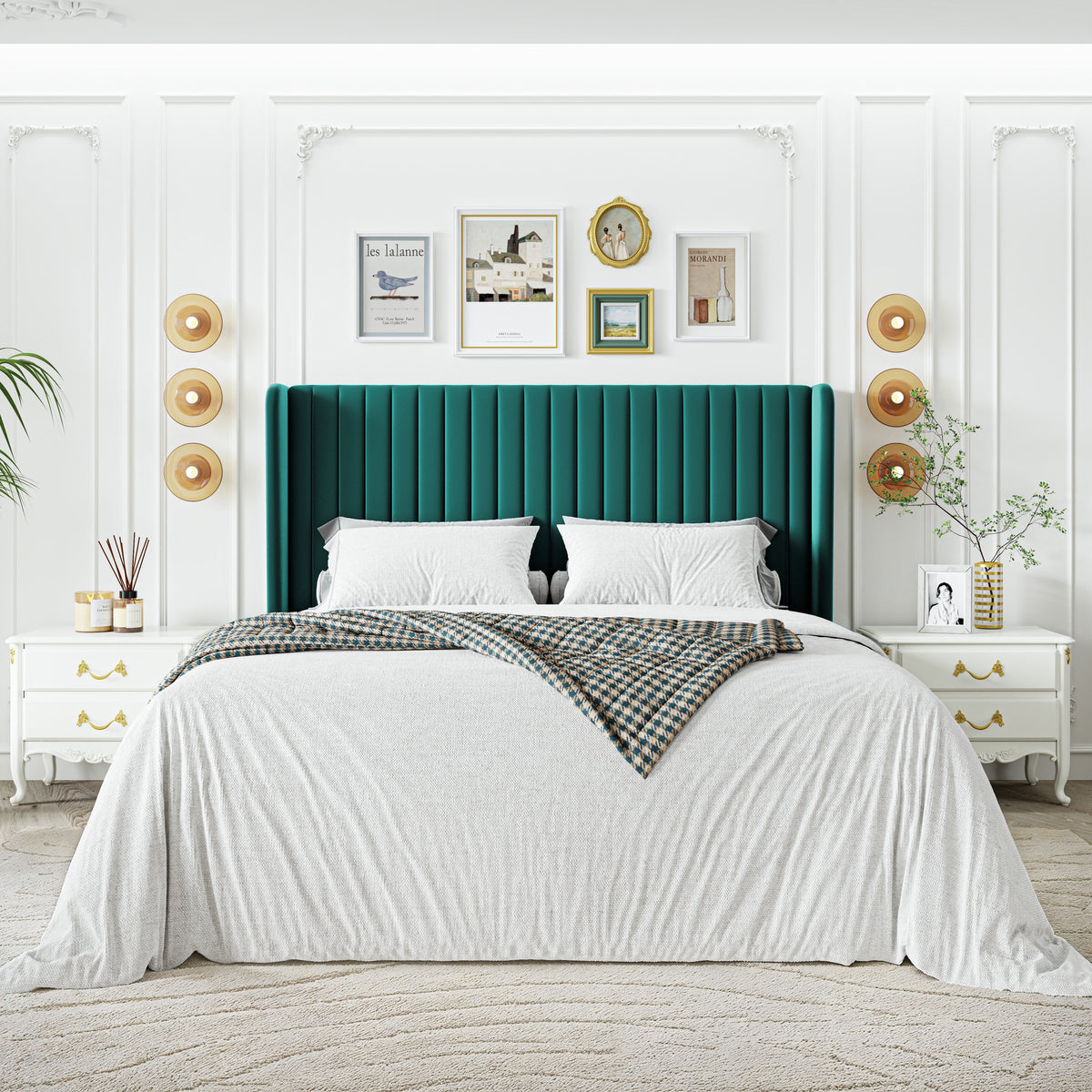 Sha Cerlin Queen Size Upholstered Platform Bed Frame with Velvet Channel Wingback Headboard, Off White