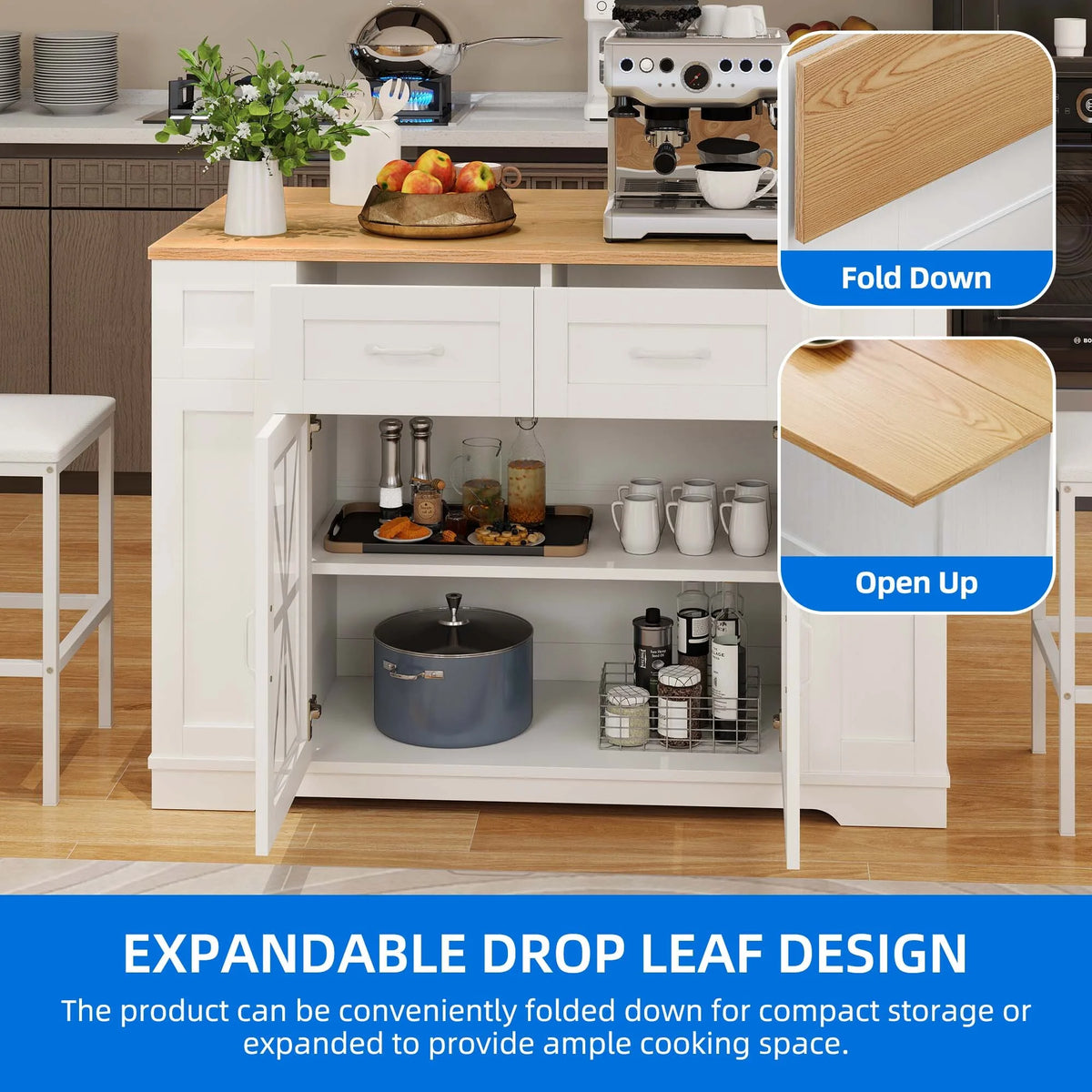 DEXTRUS Kitchen Island with Seating & Drop Leaf, Kitchen Island on Wheels with Doors & Drawers, White