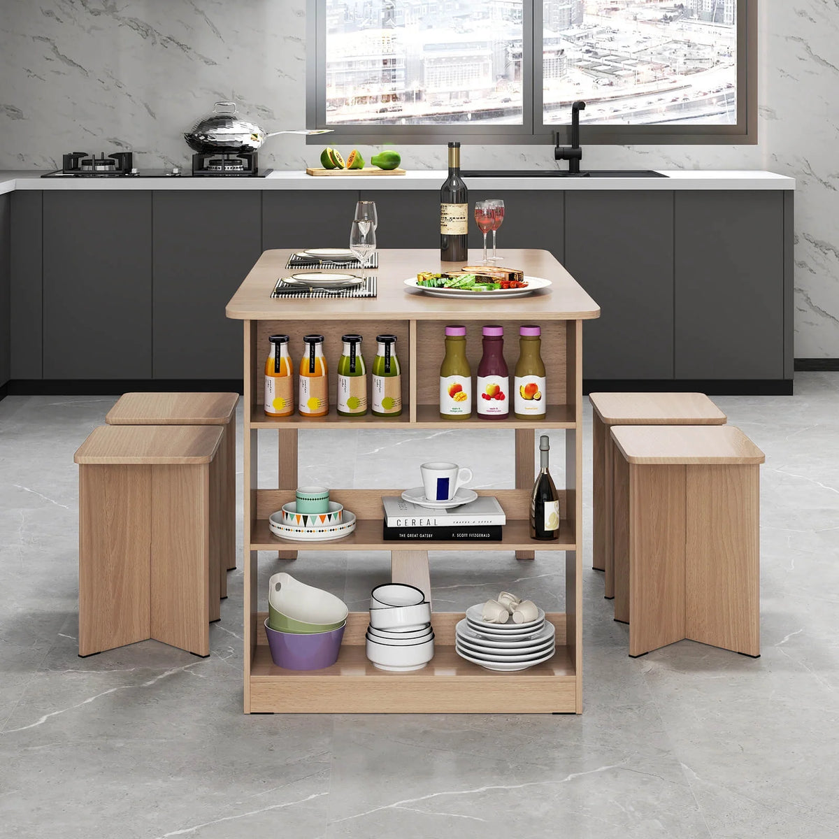 Costway 5 PCS Dining Table Set with Storage Shelf Rectangular Kitchen Table with 4 Stools Beige