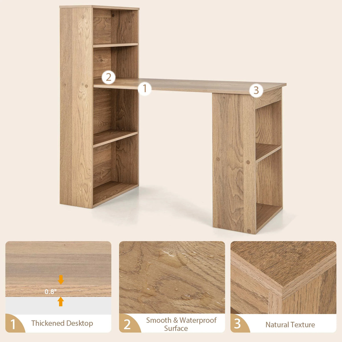 Costway Computer Desk Writing  Workstation Office 6-Tier Storage Shelves Natural