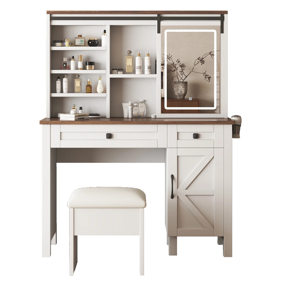 Montary Modern Mini Vanity w/Adjustable LED Mirror + Hidden Storage, Padded Stool & Dustproof Shelves (White)