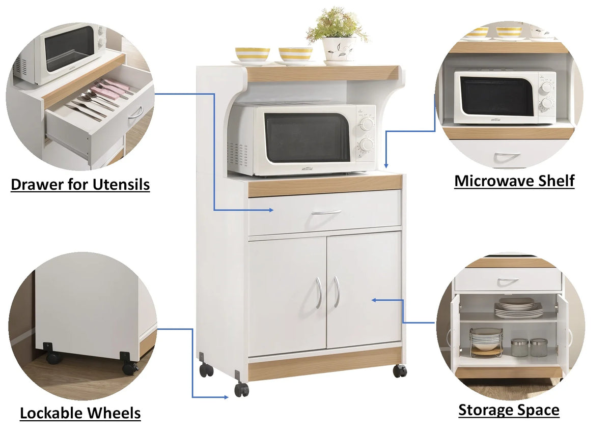 Hodedah Microwave Contemporary Wooden Kitchen Cart in Cherry Finish