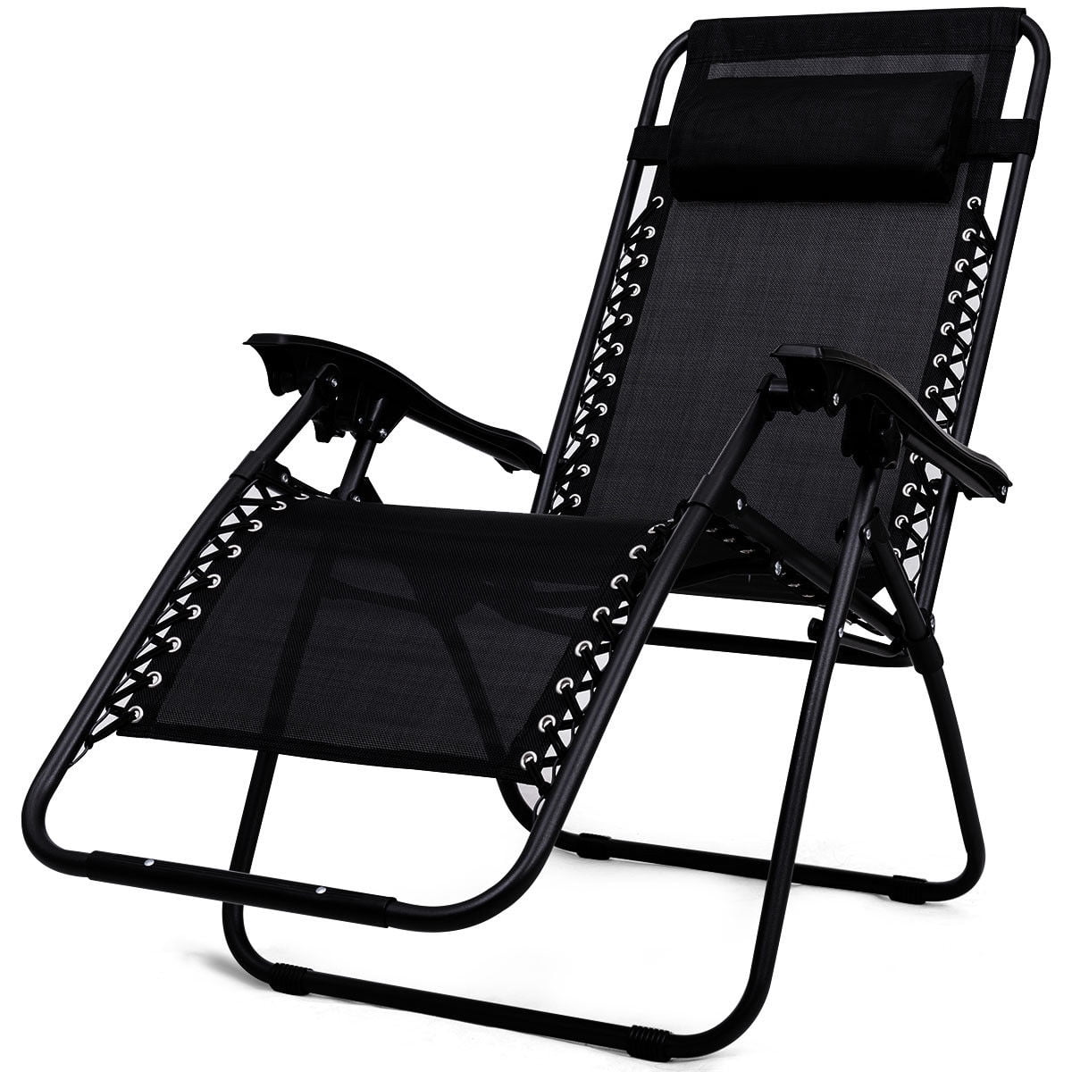 Gymax 3PC Zero Gravity Reclining Lounge Chairs Pillows Table Portable Folding Beige