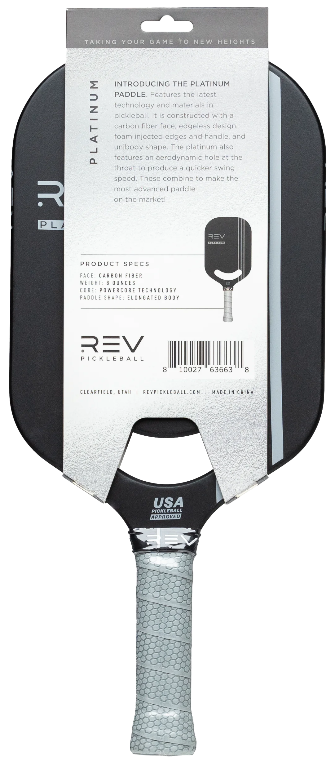 REV Platinum Edgeless Pickleball Paddle, Carbon Fiber Face, Polypropylene Honeycomb Core, 8oz, Black