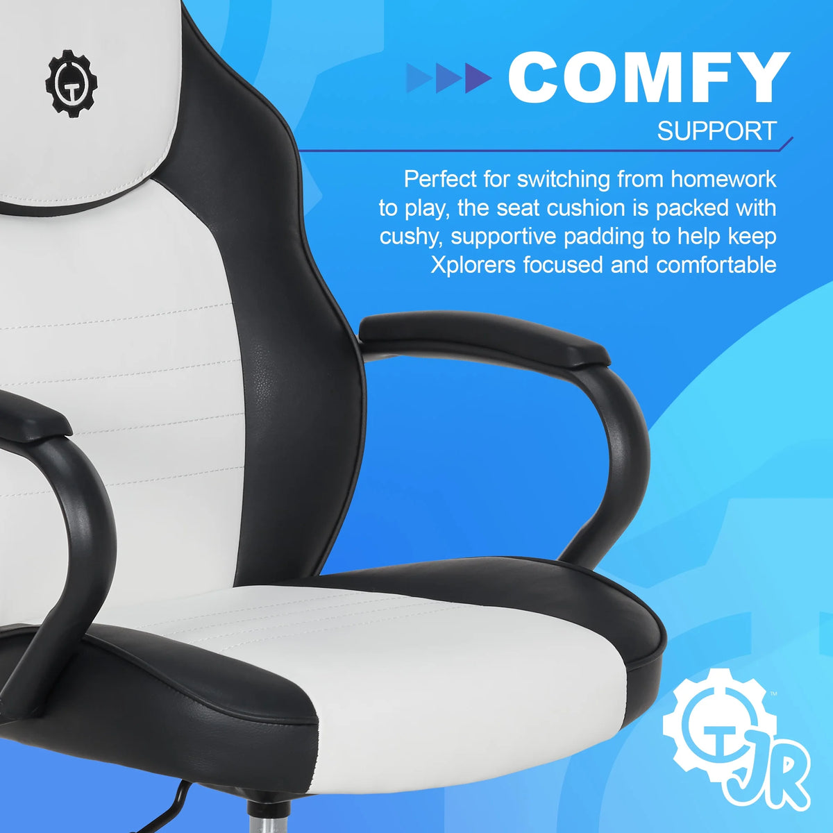 Gamer Gear Jr. Xplorer Gaming and Computer Chair, Kids and Teens Gaming Chair with Padded Arms, Adjustable Height, White and Black