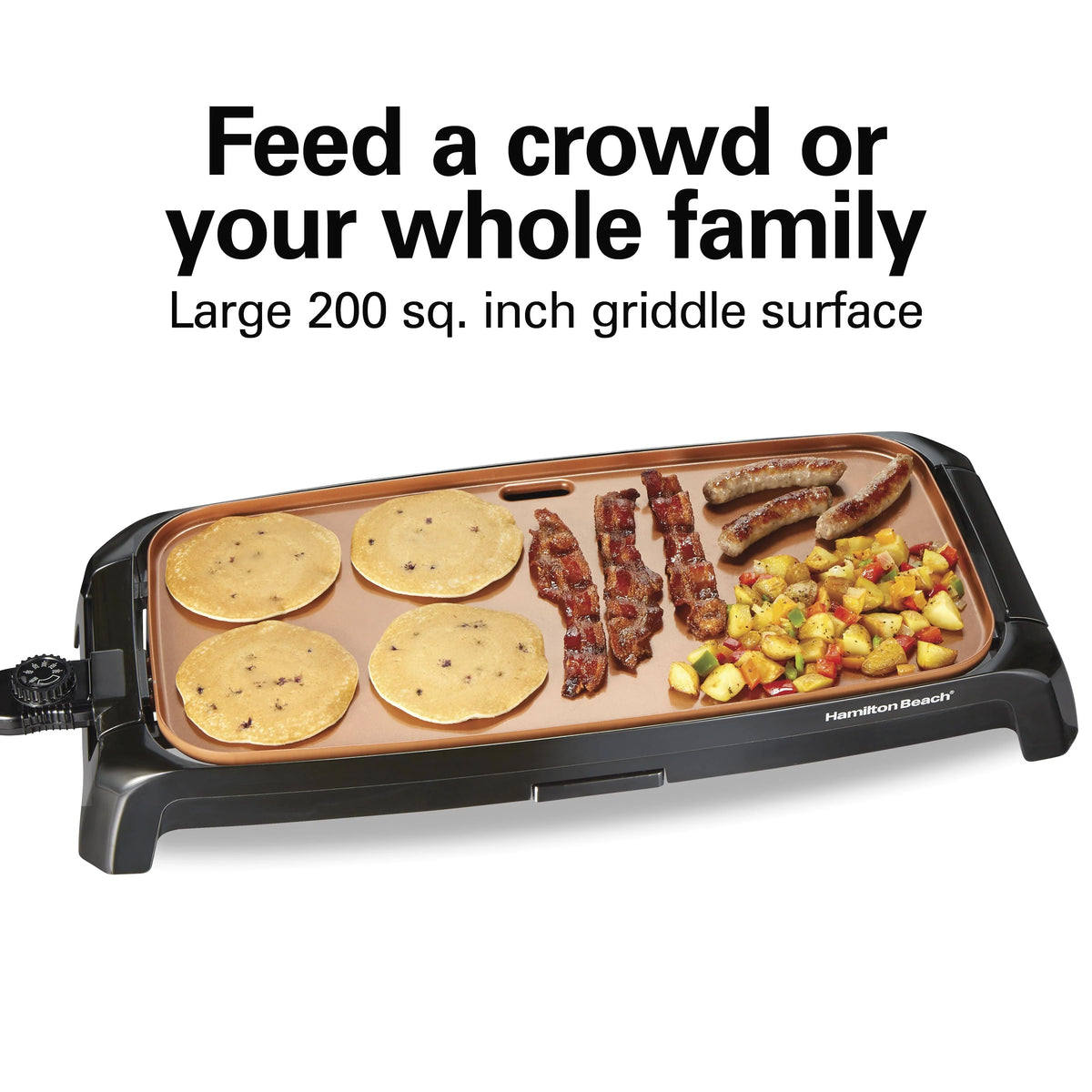 Hamilton Beach Durathon Ceramic Griddle, Reversible, Copper-Tinted Durathon Nonstick Surface, 200 sq in, Black, 38519