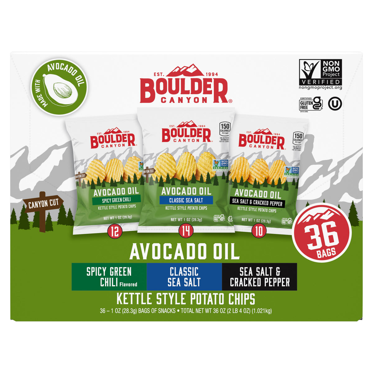 Boulder Canyon Kettle Style Potato Chips, Variety Pack, 1 oz, 36-count