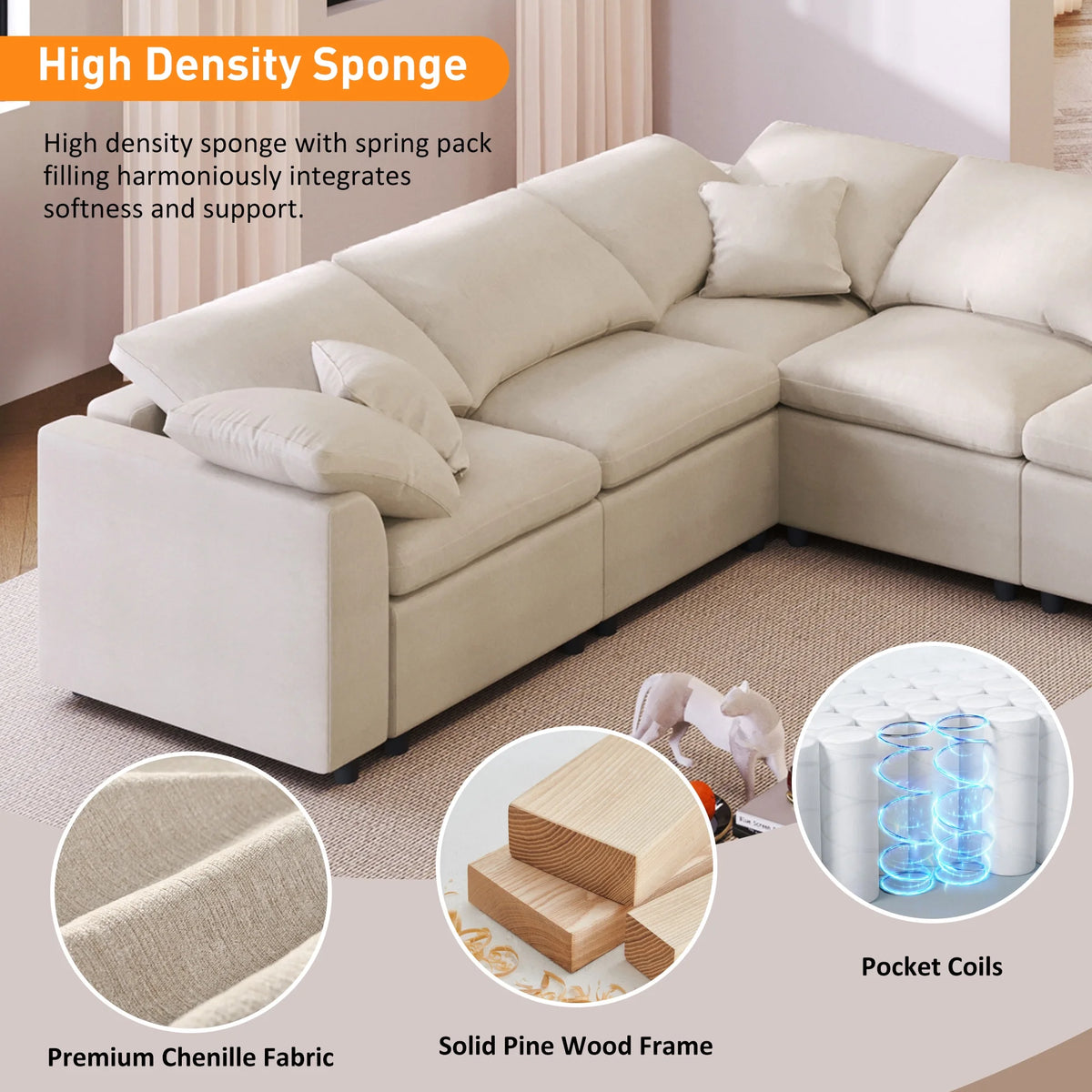 EUROCO 124.8" 7-Seater Oversized Modular Couches and Sofas Sectional with Ottoman,Sectional Sofa U/L Shaped Chenille Sectional Couch for Living Room, Office, Spacious Space