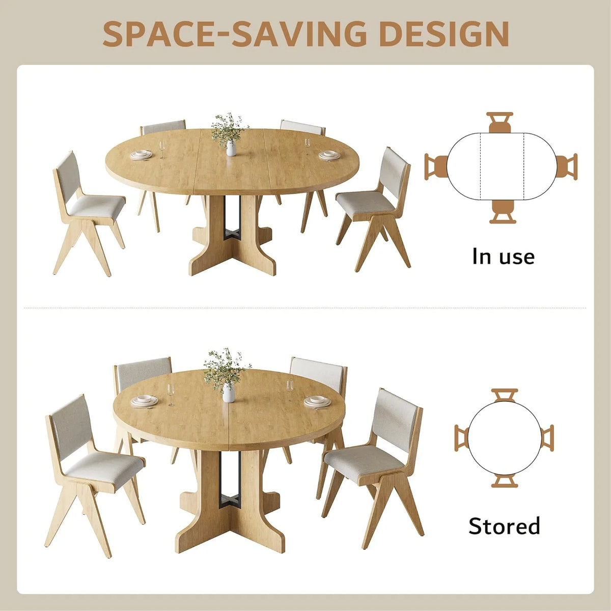 iPormis 59" Extendable Round Dining Table for 6, Modern Kitchen Table with Sturdy Wooden Base, Dining Room Table with Thickened MDF Board, Perfect for Small Space, Black