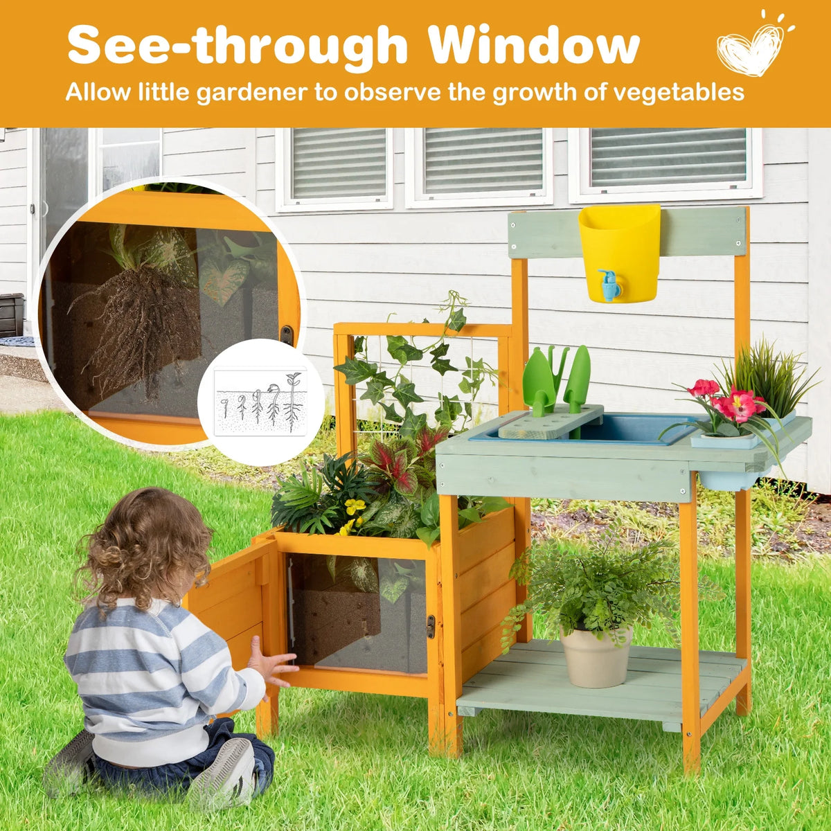Kids Outdoor Potting Bench with See-Through Window
