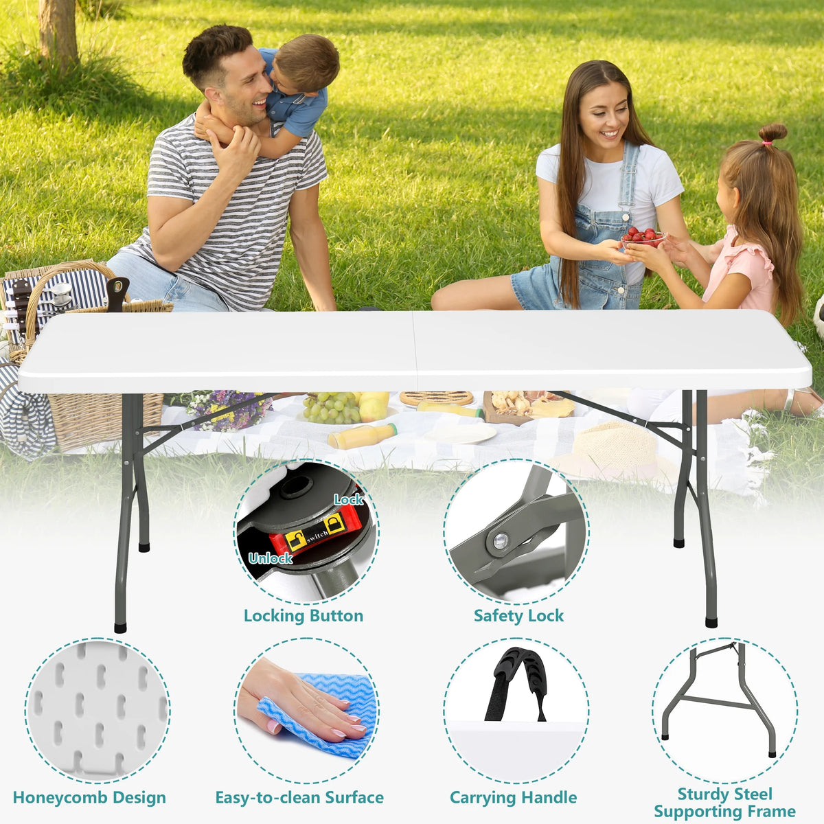 Harigal 8ft Folding Table Portable Fold-in-Half Design with Handle, Large Folding Table for Indoor Outdoor Events, Black