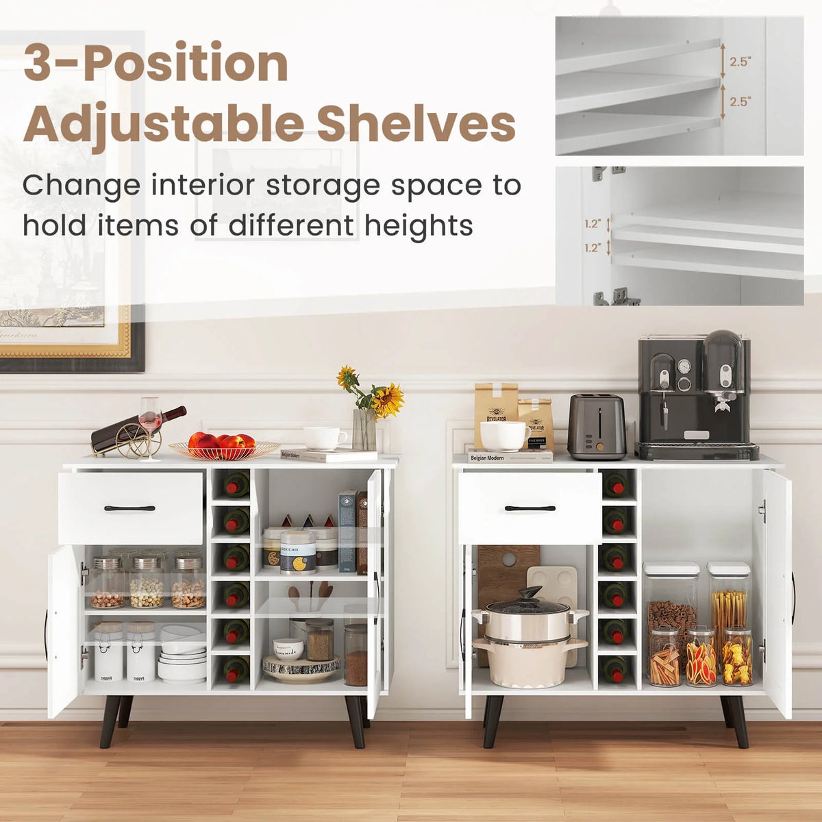 Costway 2-Door Wine Bar Cabinet Kitchen Sideboard Buffet with Drawer & Adjustable Shelves Natural