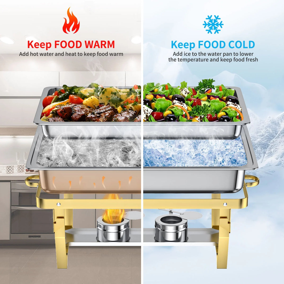 Chafing Dish Buffet Set 4 Pack: TINANA 8QT Stainless Steel Chafing Dishes for Buffet, Chafers and Buffet Warmers Sets for Parties, Events, Wedding, Camping, Dinner-Gold