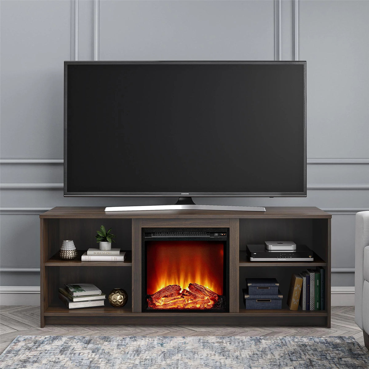 Mainstays Fireplace TV Stand for TVs up to 65", Black Oak