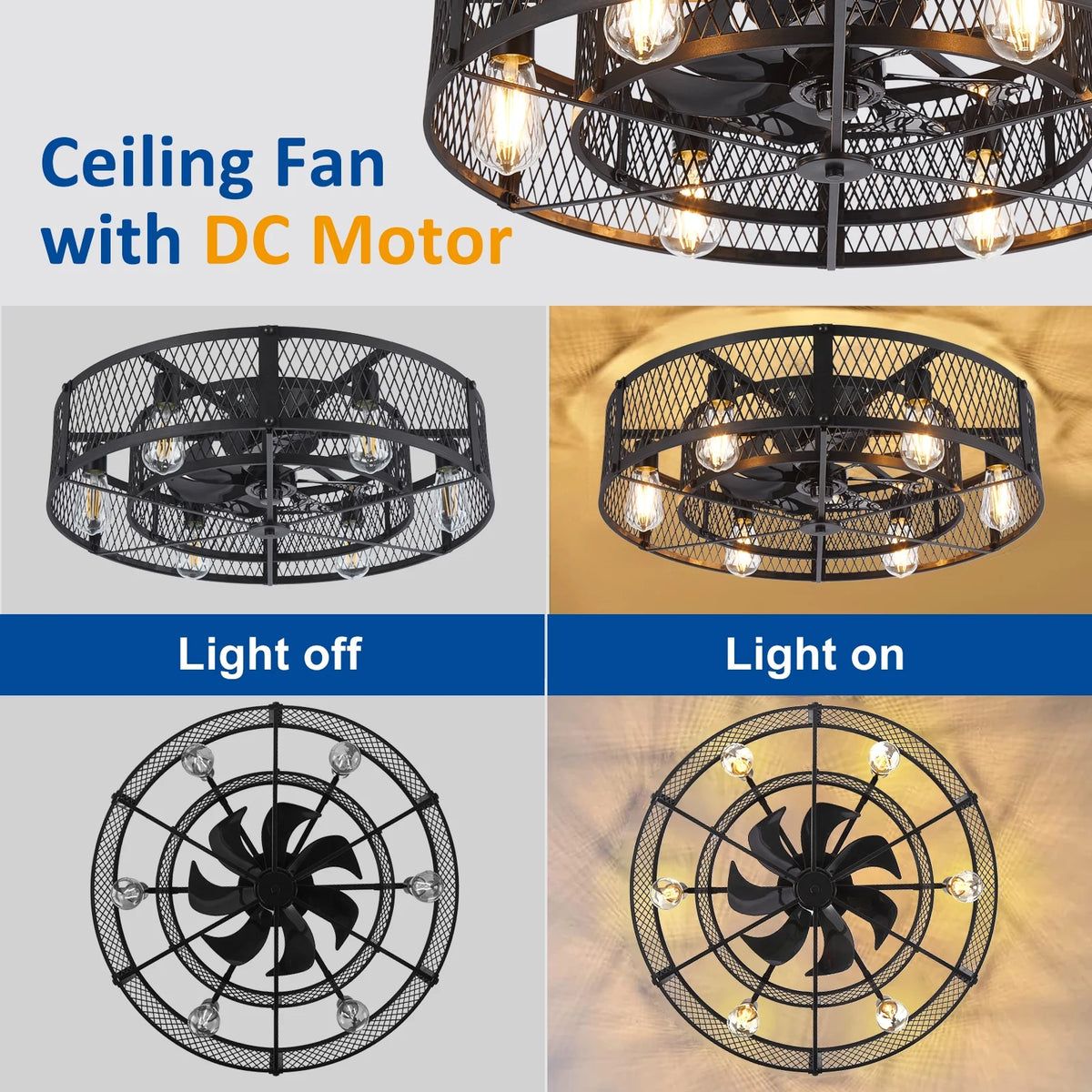 26-Inch Farmhouse Caged Ceiling Fan with Light, Remote & APP Control Quiet DC Motor E26 Bulbs Included Black
