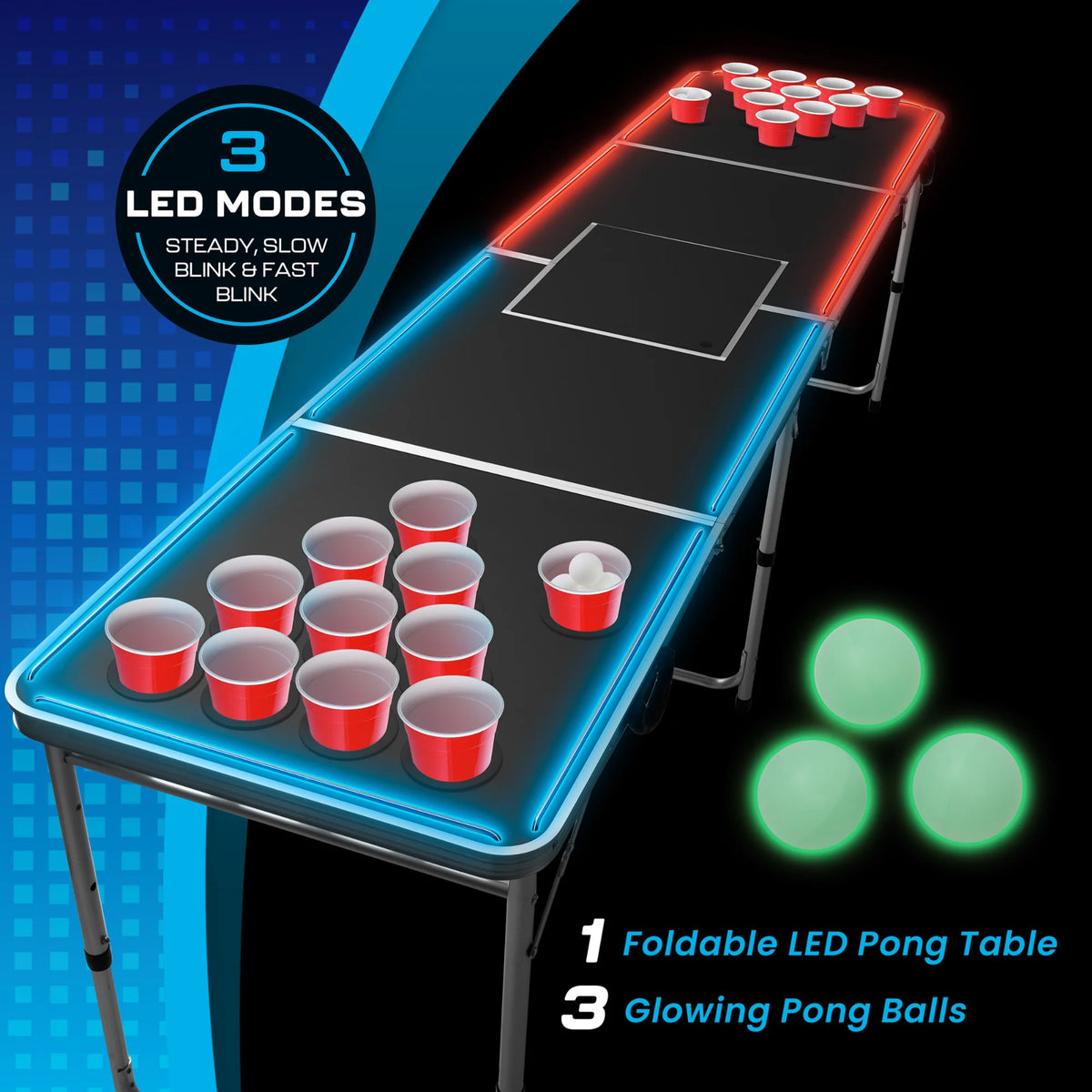 MinnARK Sports LED Portable Pong Table, Folding Party Game Set for Tailgating and Outdoors, 8-Foot Length