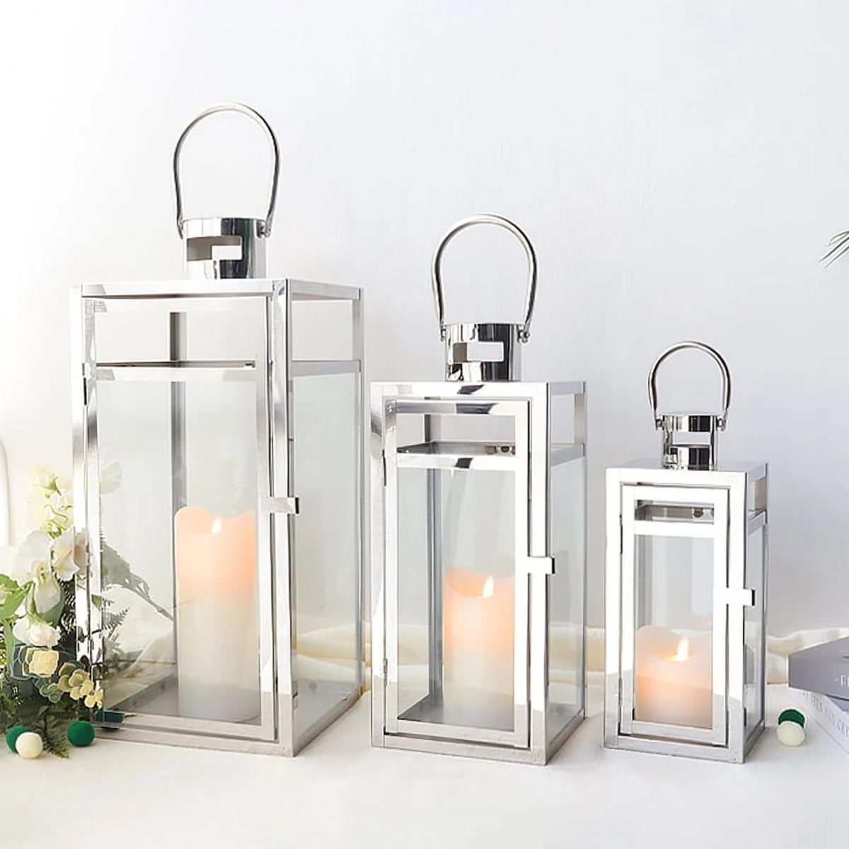 Stainless Steel Lantern Set of 3 12/15/19" Metal Lanterns with Tempered Glass for Parties & Events (Silver )