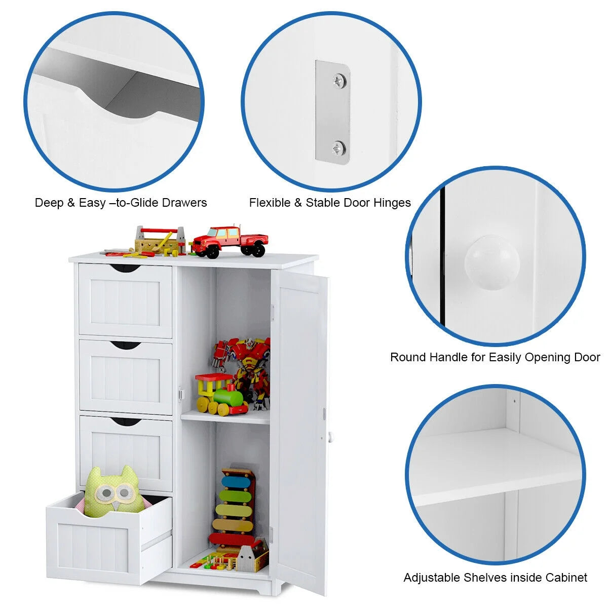 Gymax Bathroom Floor Cabinet Storage Organizer Cupboard w/ 4 Drawers Adjustable Shelf Grey