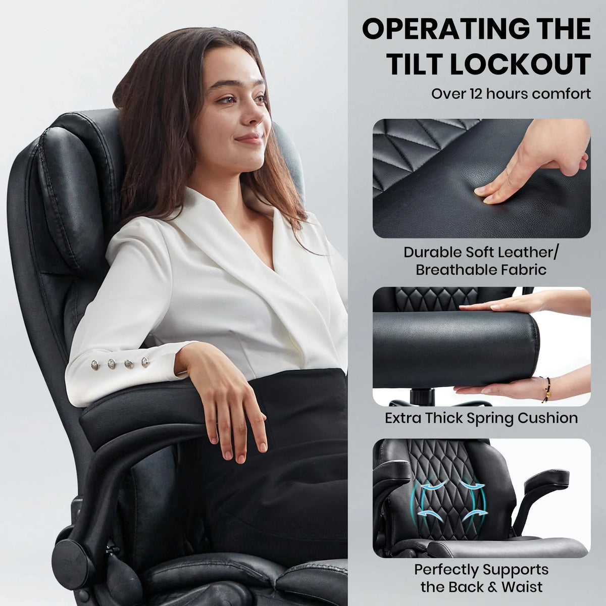 Ninecer 500lbs Big and Tall Office Chair with Inflatable Lumbar Support, Ergonomic Executive Desk Chair with Extra Wide Seat, Adjustable Height Computer Chair, Heavy Duty Leather Office Chair, Black