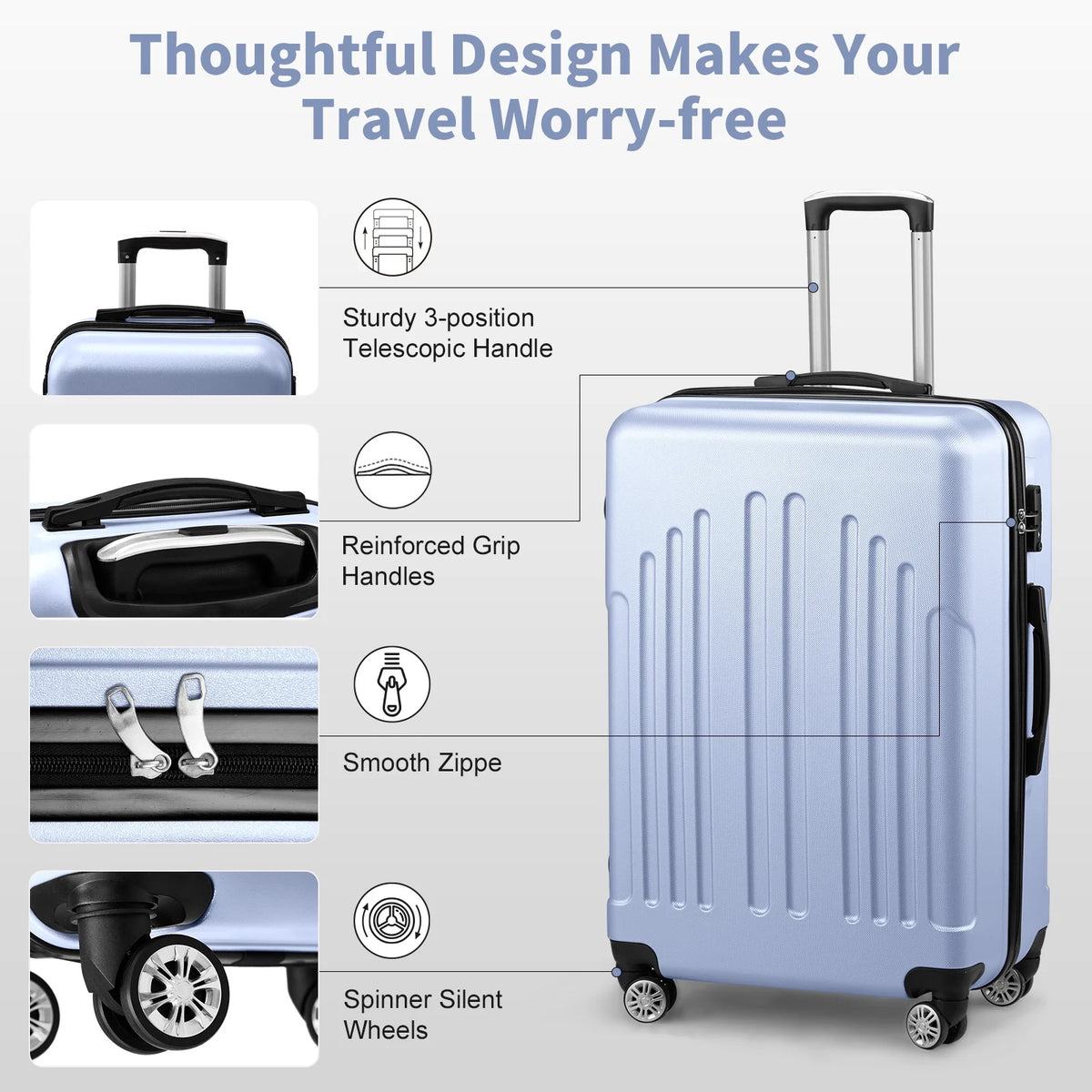 Zimtown 3 Piece Nested Spinner Suitcase Luggage Set With TSA Lock Royal Blue