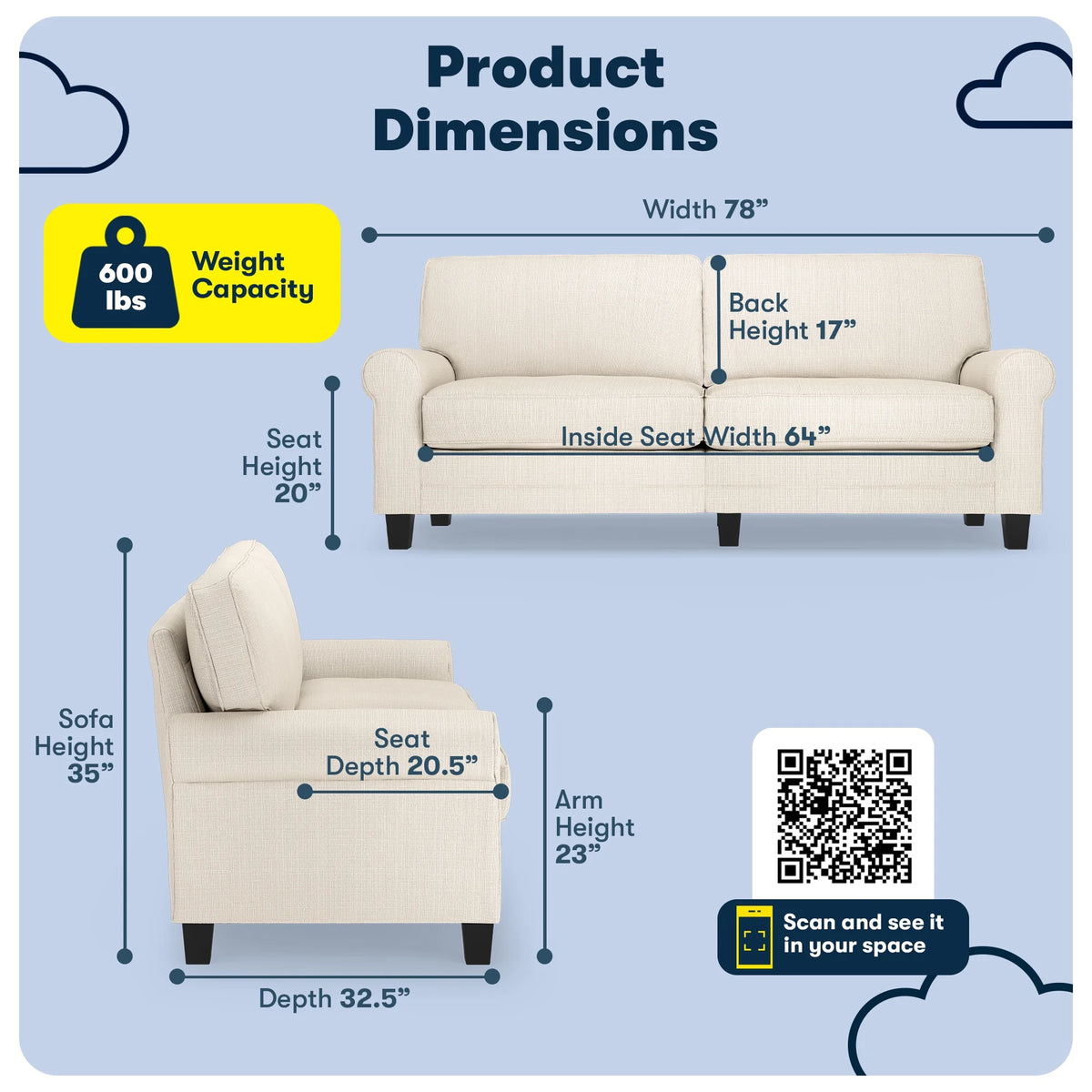 Serta Copenhagen 78" Rolled Arm Sofa with Removable Covers Dark Brown