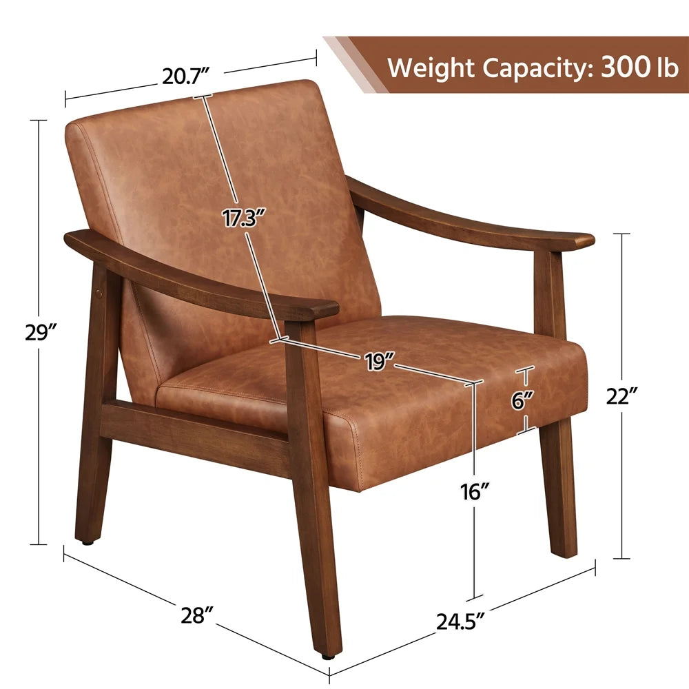 Yaheetech Mid-Century Upholstered Faux Leather Armchair with Solid Wood Legs,Brown