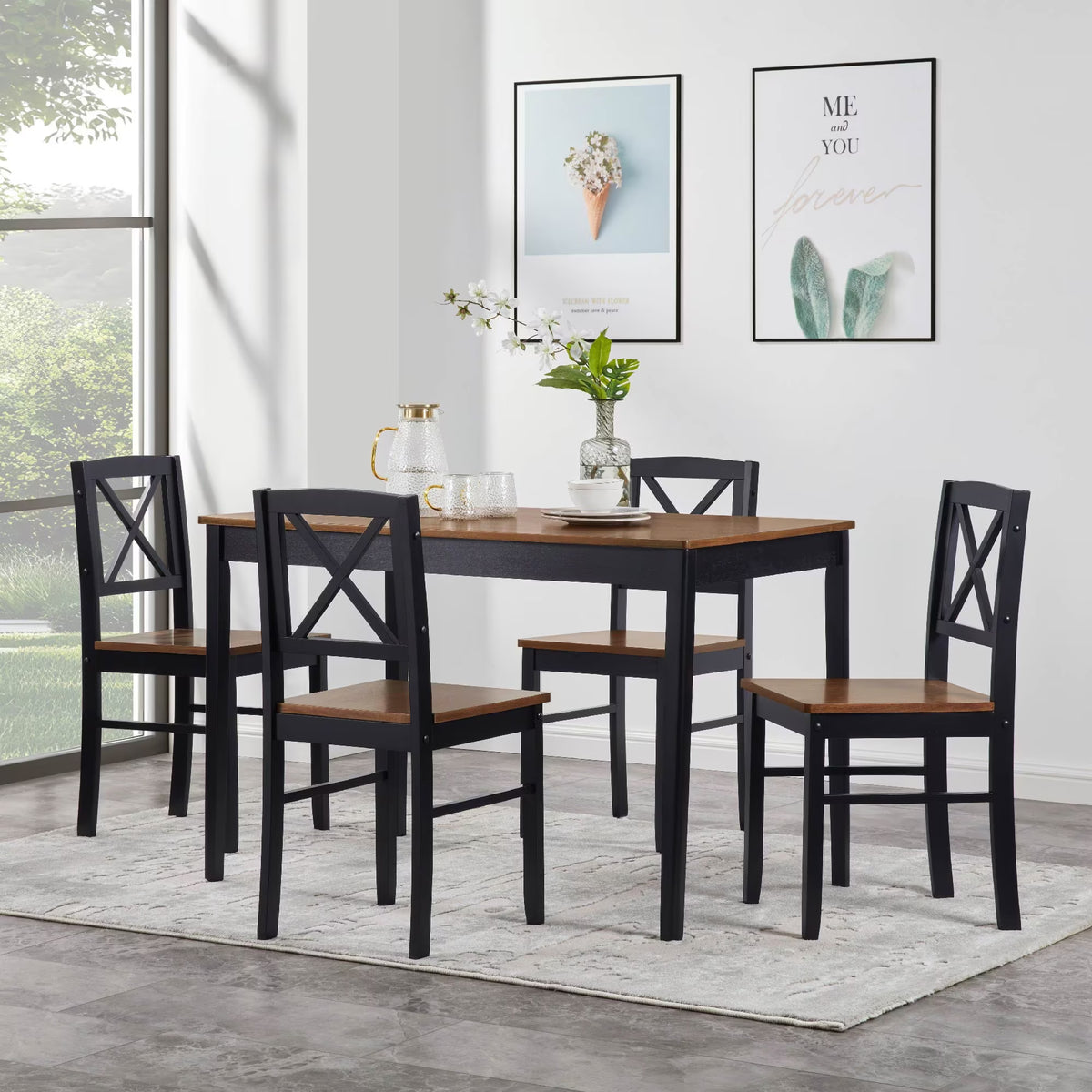 Seizeen Solid Wood Kitchen Table and Chairs, Dining Room Table Set for 4 with Gray Upholstered Chairs, Wood Grain Table Heavy-Duty Frame, Rustic Minimalist Style Breakfast Nook Set
