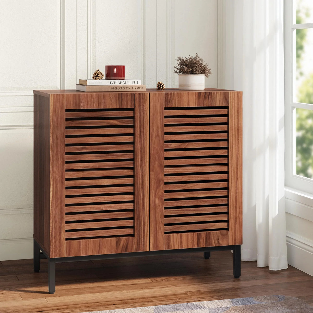JOMEED Buffet Sideboard Cabinet with Louvered Doors & Adjustable Shelf, Wood Storage Cabinet for Kitchen, Dining Room, Living Room, Entryway Walnut