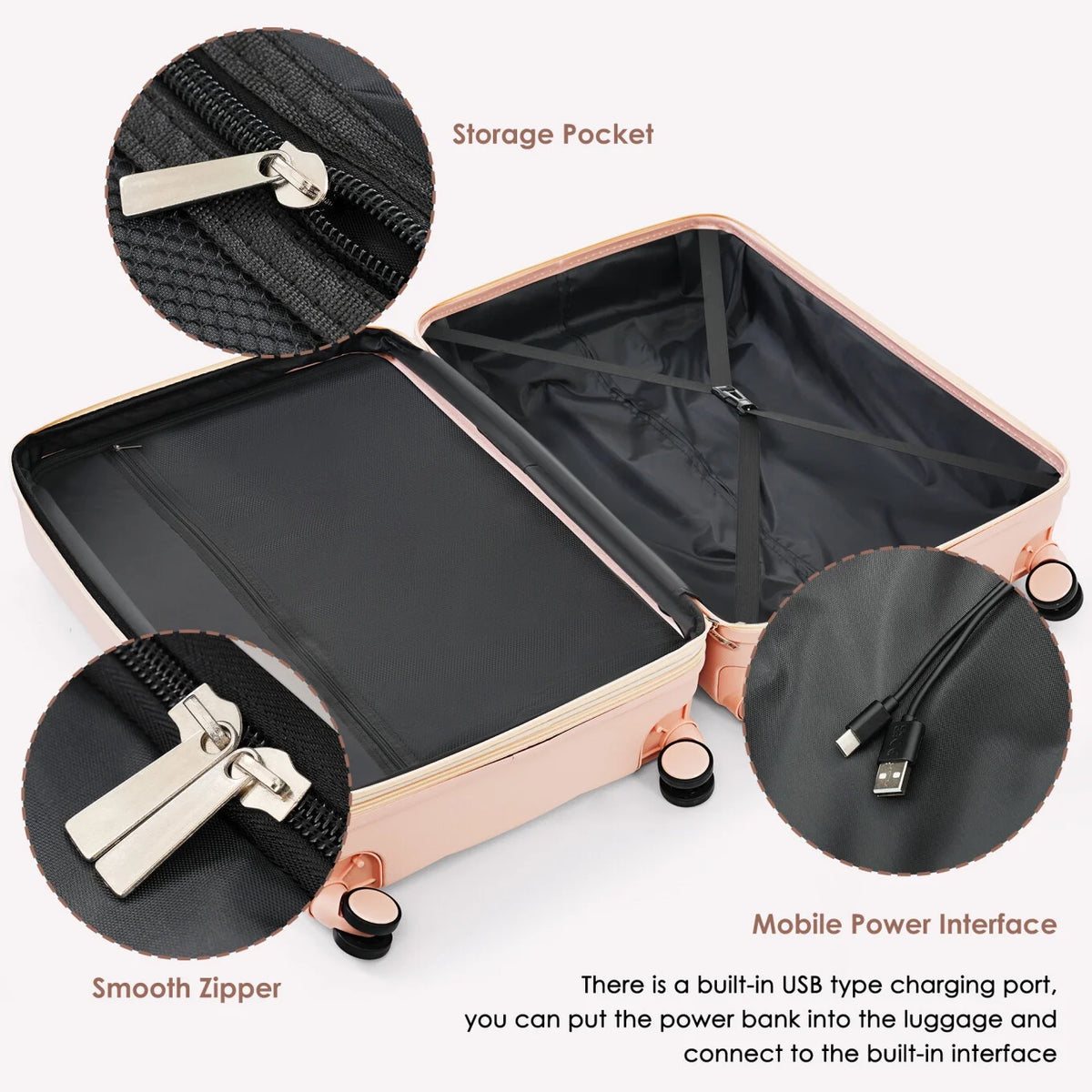 3 Piece Luggage Set , 20/24/28 inches Suitcase Set , ABS Hardshell Expandable Luggage Sets with TSA Lock,20-inch with USB Port, Carry On Luggage for Men Women, Pink