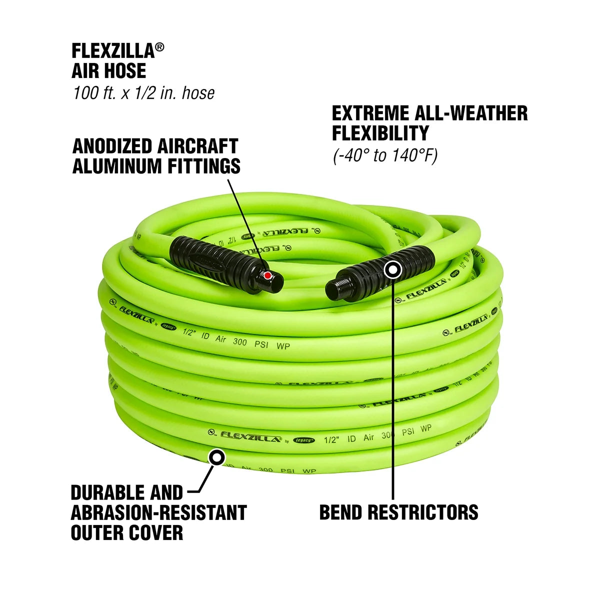Flexzilla? Air Hose, 1/2" x 100', 3/8" MNPT Fittings, ZillaGreen?