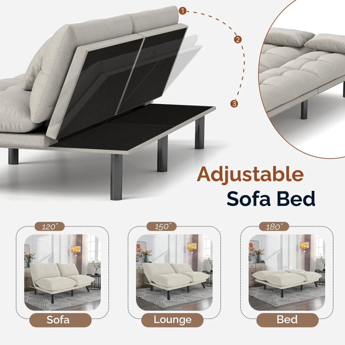 70���� Convertible Futon Sofa Bed Folding Bed Sleeper Couch for Living Room, Small Space or Office, Light Grey