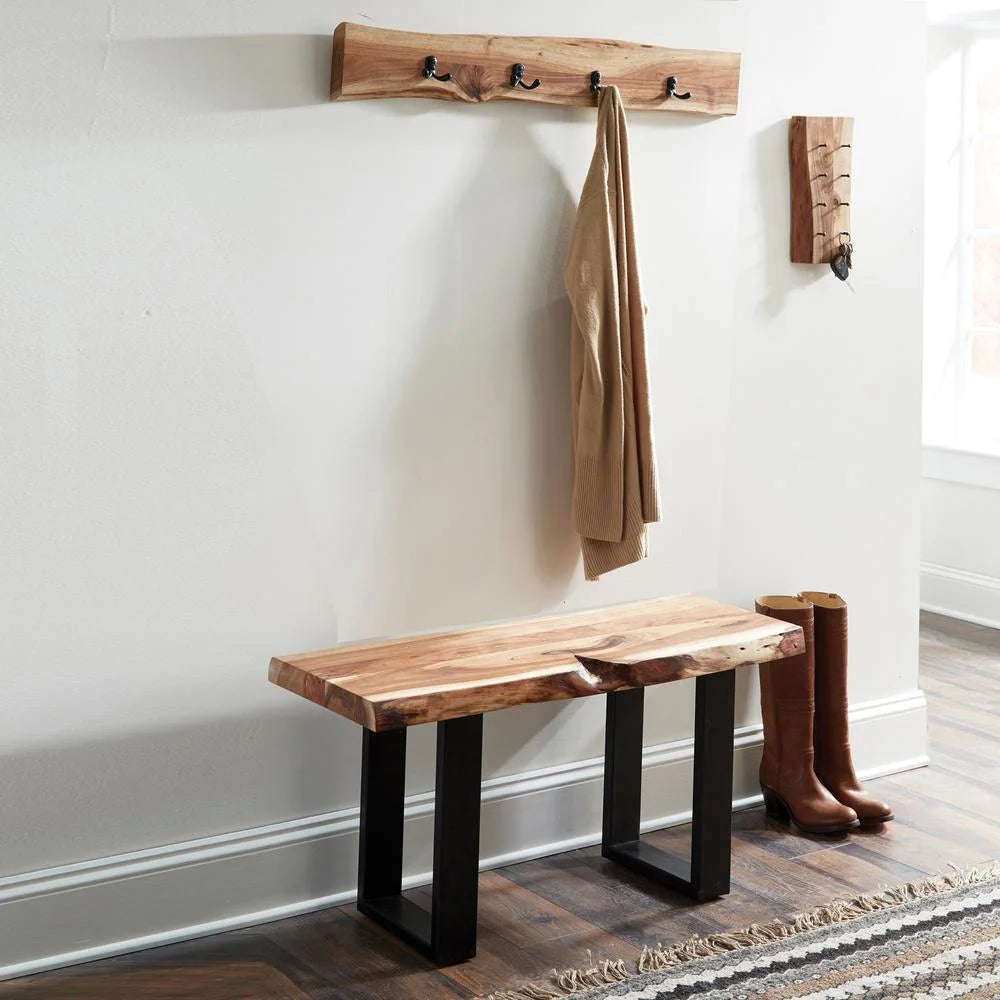 Alaterre Furniture Alpine 36-Inch Live Edge Solid Acacia Wood Bench with Black Metal Legs and Floor Protectors, Modern Farmhouse Entryway Hall Decor