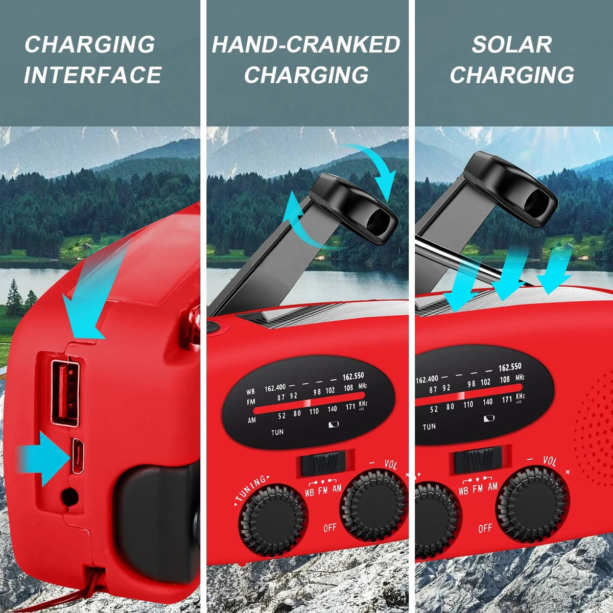 TSV Emergency Radio, Solar Hand Crank Self-Powered Weather Radio with 1200mAh Rechargeable Battery, Bright LED Flashlight, for Household Emergency, Outdoor Survival