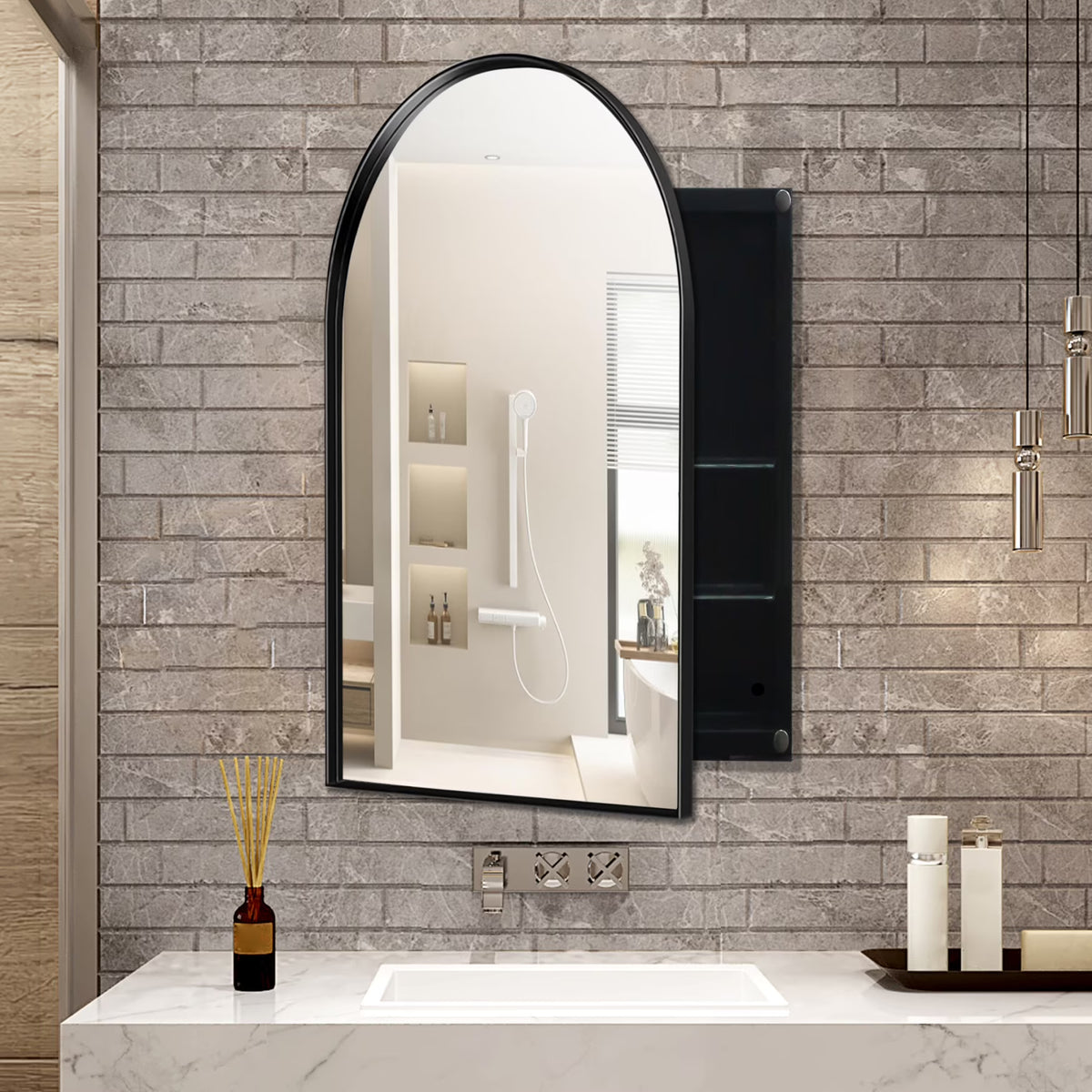 16x24 Inch Bathroom Mirror Cabinet with Adjustable Glass Shelves, Recessed Metal Framed Medicine Cabinet for Storage, Matte Gold