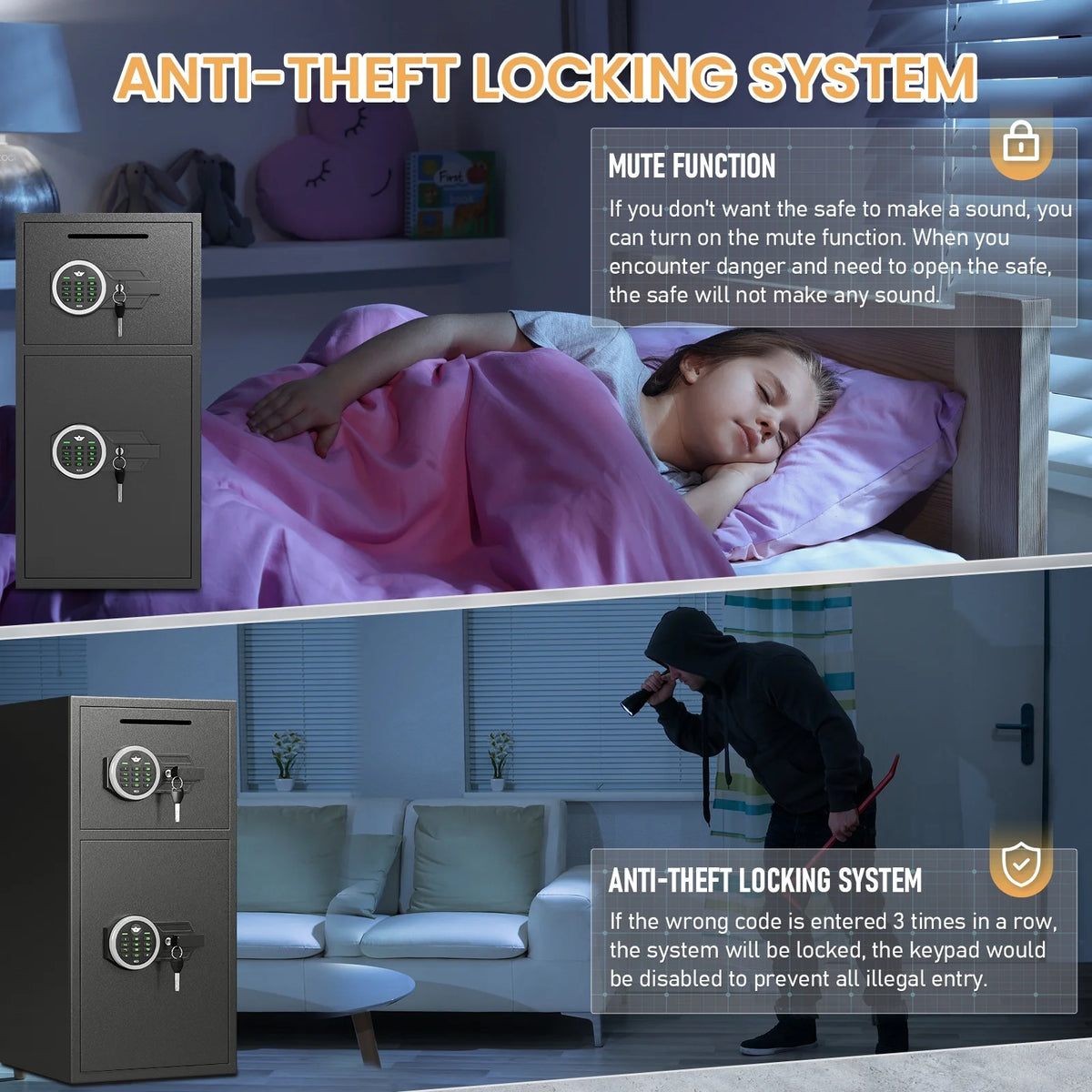 Silkight 6.5 Cu ft Home Safe Box - Fireproof  Depository Drop Safe with Backlit Keypad&Alarm System for Business Home