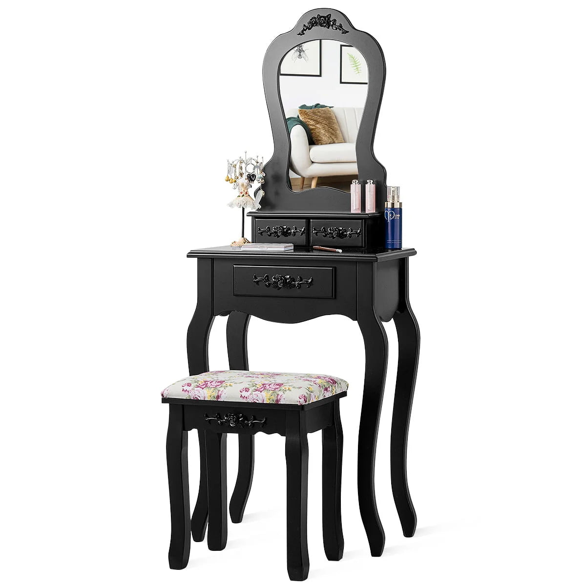 Topbuy Vanity Mirror Dressing Table Simple Style Beauty Dresser w/ Cushioned Bench Black