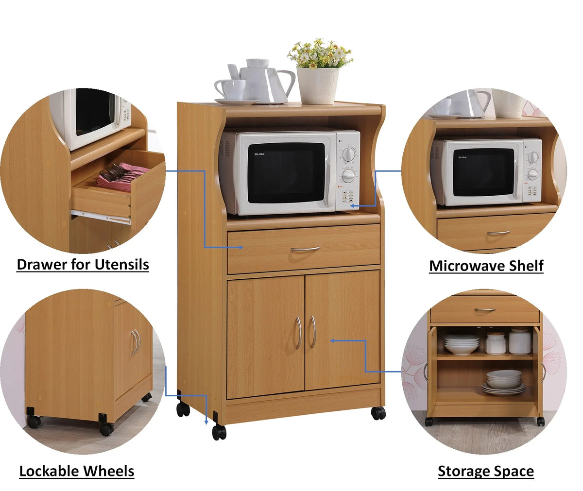 Hodedah Microwave Kitchen Cart, White
