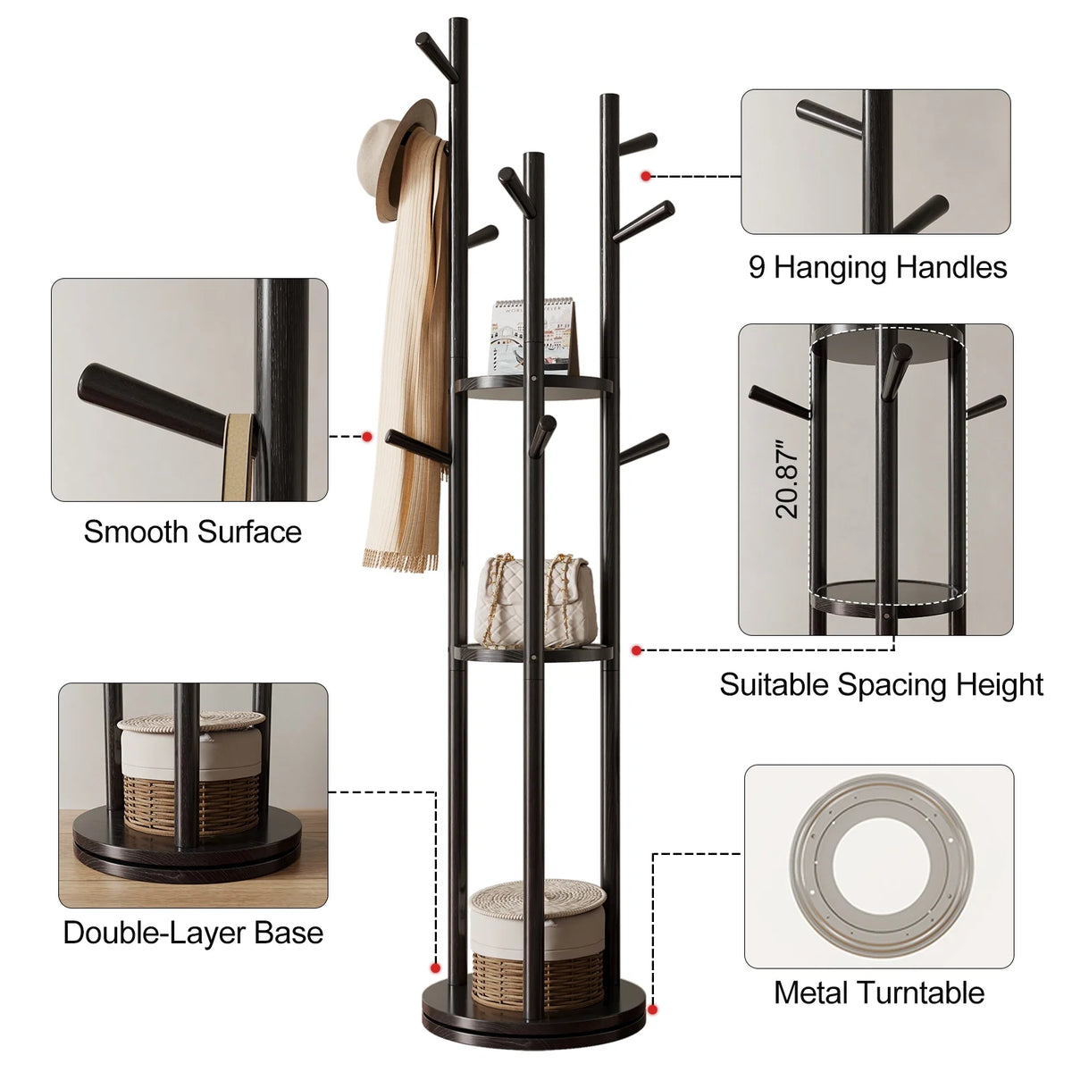 KASLANDI Solid Wood Rotary Coat Rack with 3 Shelves & 9 Hooks, Freestanding Hall Tree Stand, Coat Tree for Entryway, Living Room, Walnut, Easy Assembly