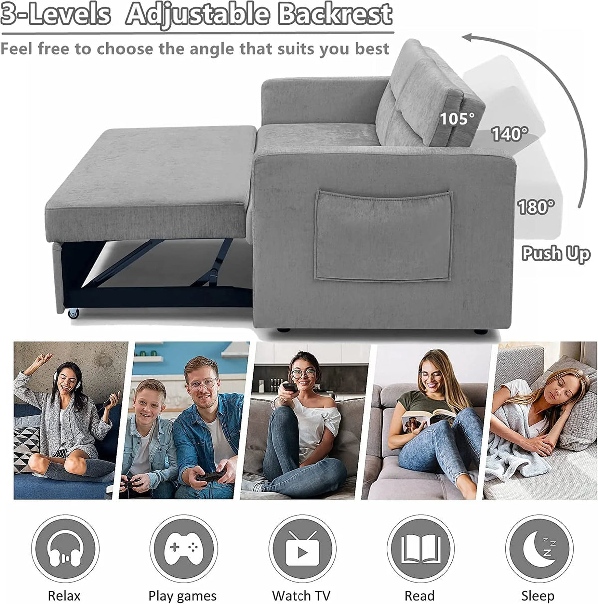 54.5" Pull Out Sofa Sleeper Couch, 3-in-1 Convertible Sleeper Sofa Bed for Living Room Apartment, Breathable Chenille Adjustable Sleeper Loveseat with Pull Out Bed and Side Pockets, Gray