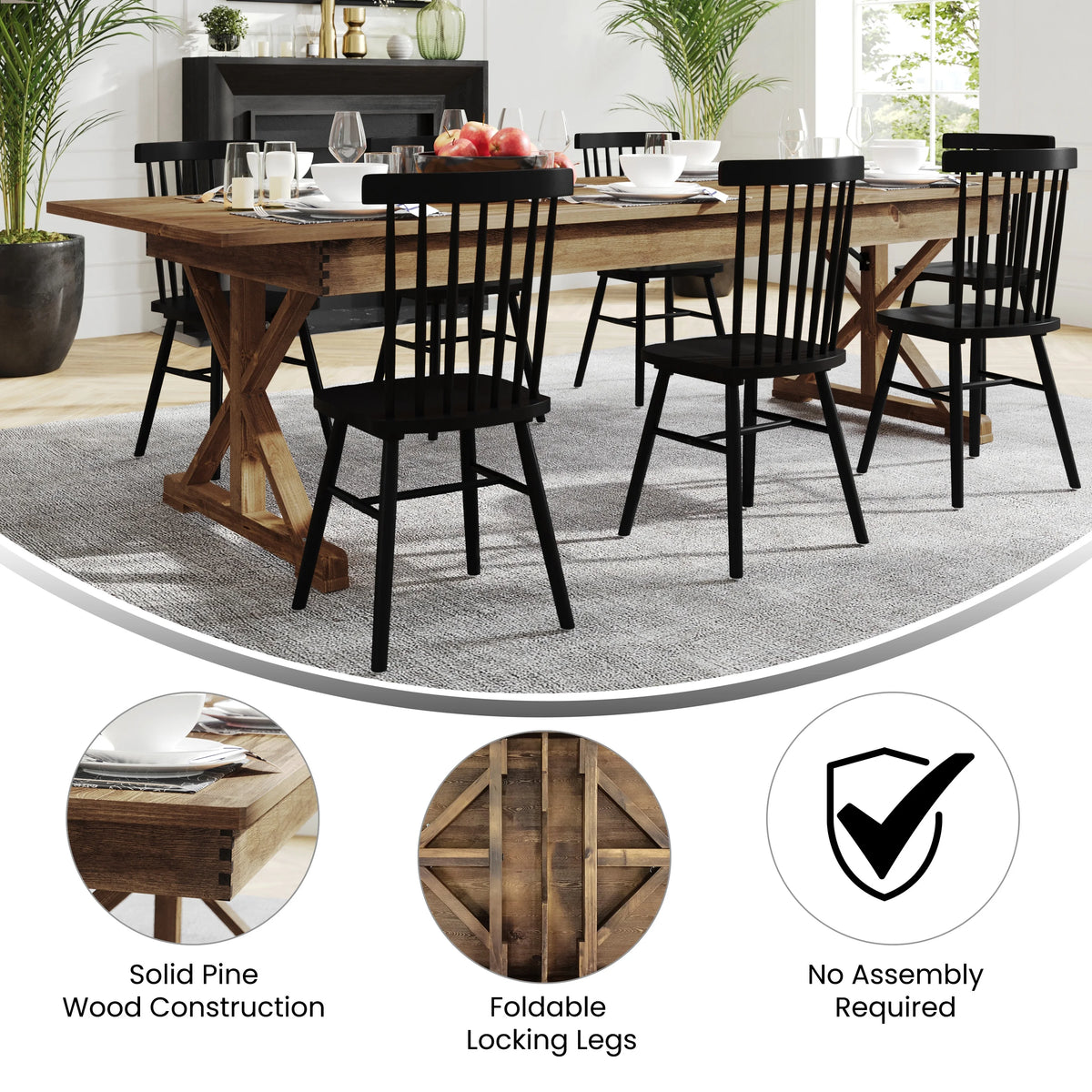 Merrick Lane 9' x 40" Rectangular Antique Rustic Solid Pine Foldable Dining Table with Crisscross Legs