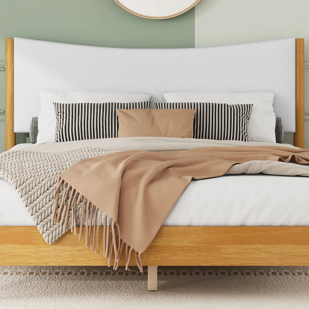 Miniyam Wood Queen Size Bed with with Rattan Headboard for Adult, Brown