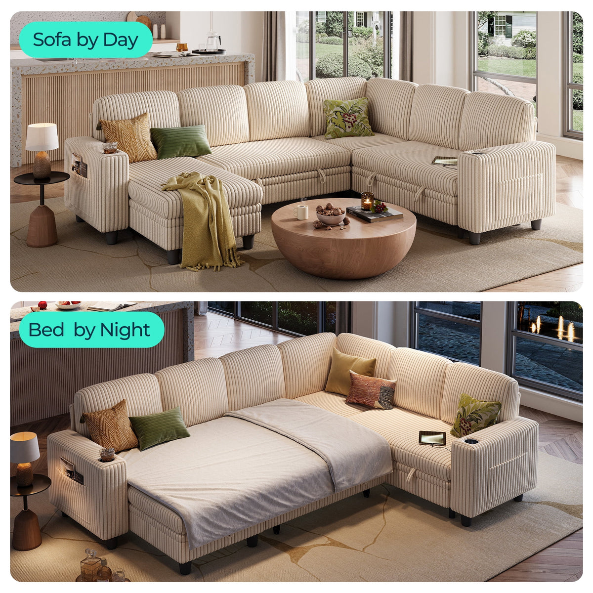 Linsy Home Plush Corduroy Sleeper Sofa Bed with Reversible Storage Chaise, Pull Out Couch Bed with USB, Cup Holder, Side Pocket, L Shaped Sectional Couches for Living Room, Apartment, Dark Grey