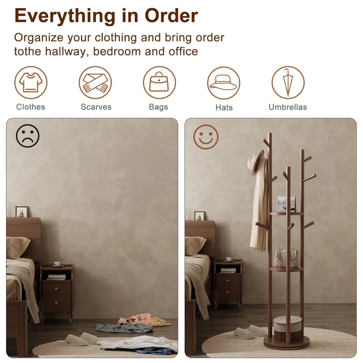 KASLANDI Solid Wood Rotary Coat Rack with 3 Shelves & 9 Hooks, Freestanding Hall Tree Stand, Coat Tree for Entryway, Living Room, Walnut, Easy Assembly