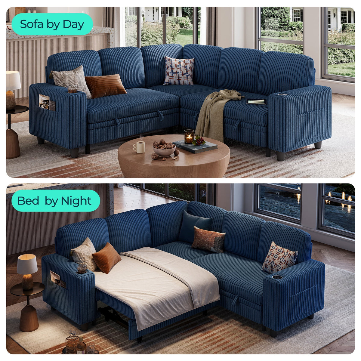 Linsy Home Plush Corduroy Sleeper Sofa Bed with Reversible Storage Chaise, Pull Out Couch Bed with USB, Cup Holder, Side Pocket, L Shaped Sectional Couches for Living Room, Apartment, Dark Grey