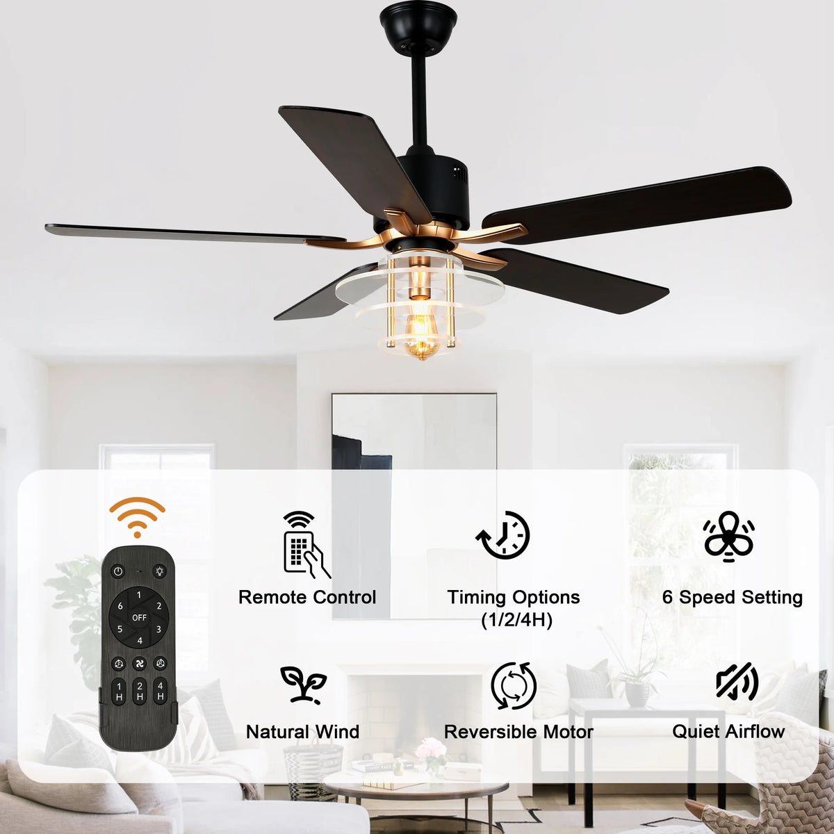 Bella Depot 52" Modern Black Ceiling Fan 6-Speed Reversible with Light and Remote Control