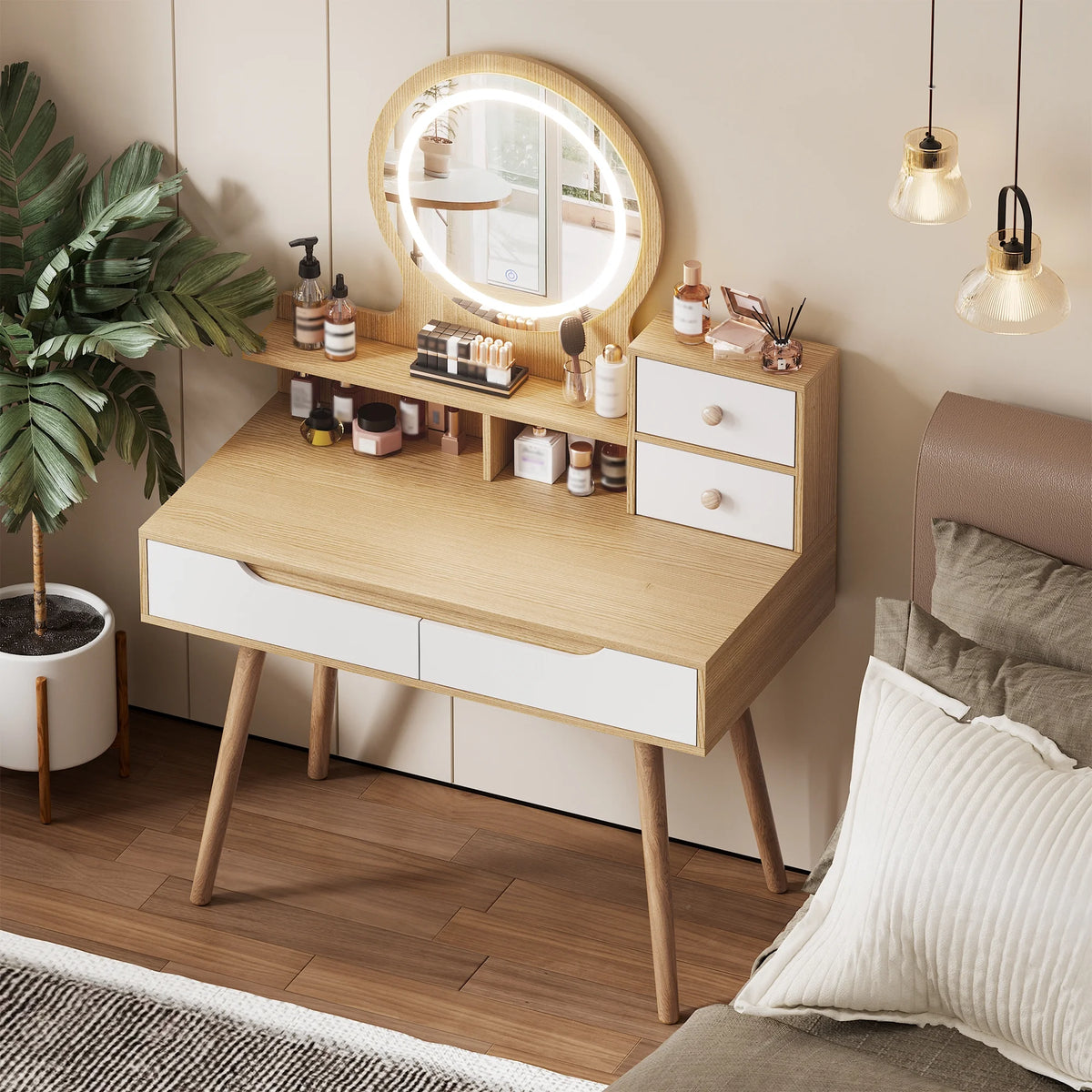 Montary Modern Mini Vanity w/Adjustable LED Mirror + Hidden Storage, Padded Stool & Dustproof Shelves (White)