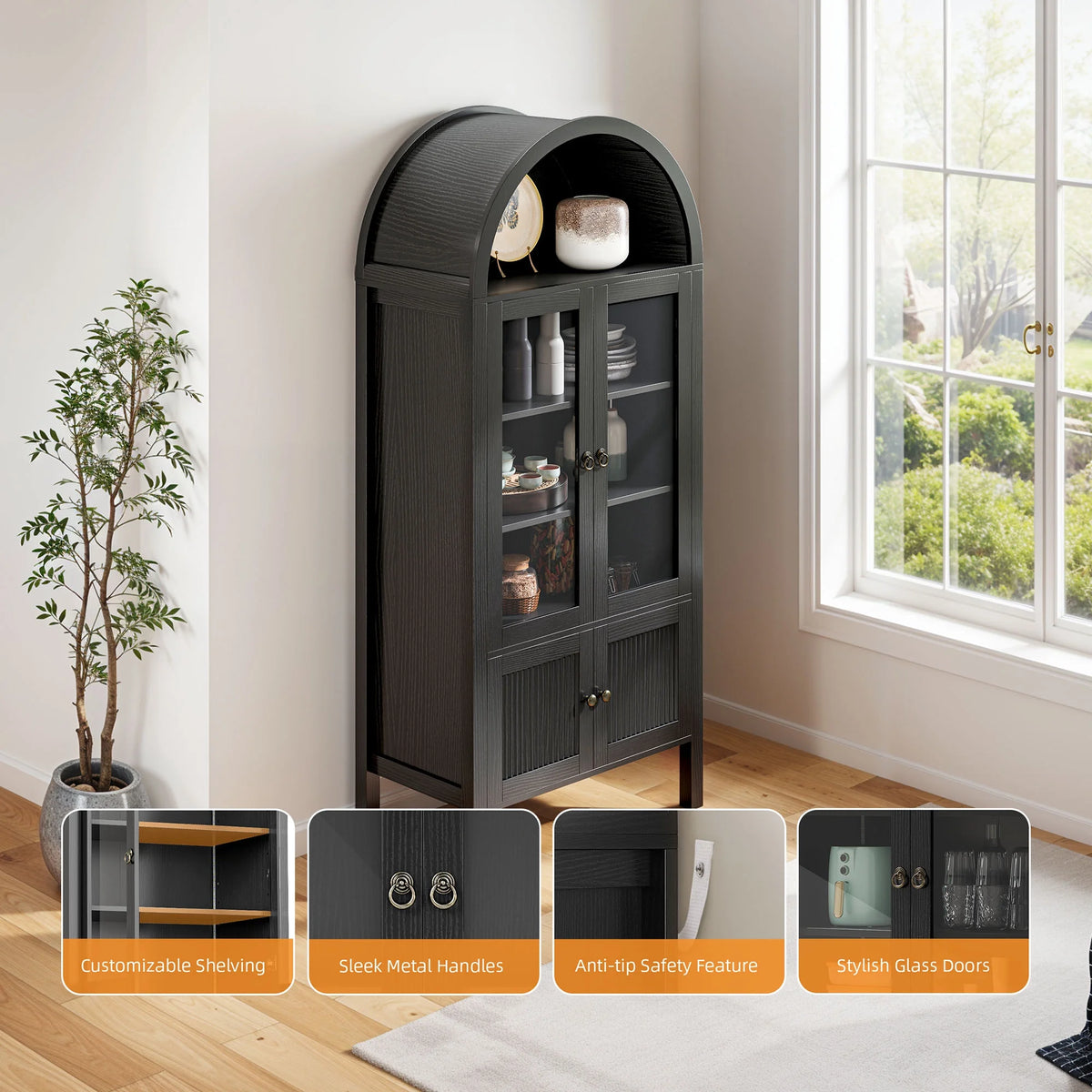Craftian Arched Kitchen Pantry Storage Cabinet with LED Lights & Glass Doors, Display Cabinet, Natural